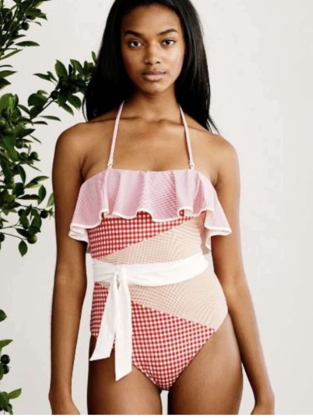 Marysia Swim Pink & White Gingham Ruffle Bandeau One-Piece